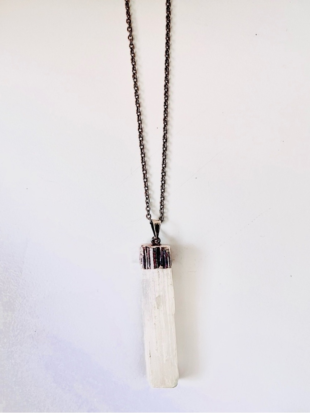 Silver Tone Selenite Pendant Necklace in White